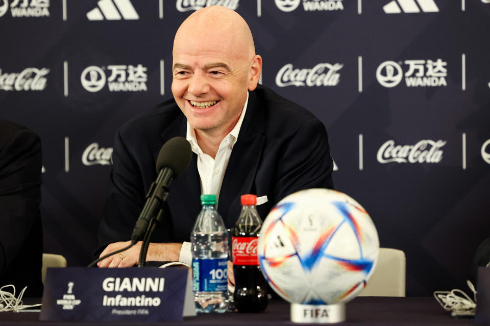 Jun 16, 2022; New York, New York, USA;  FIFA President Gianni Infantino smiles during The FIFA World Cup 2026 announcement press conference. Mandatory Credit: Jessica Alcheh-USA TODAY Sports