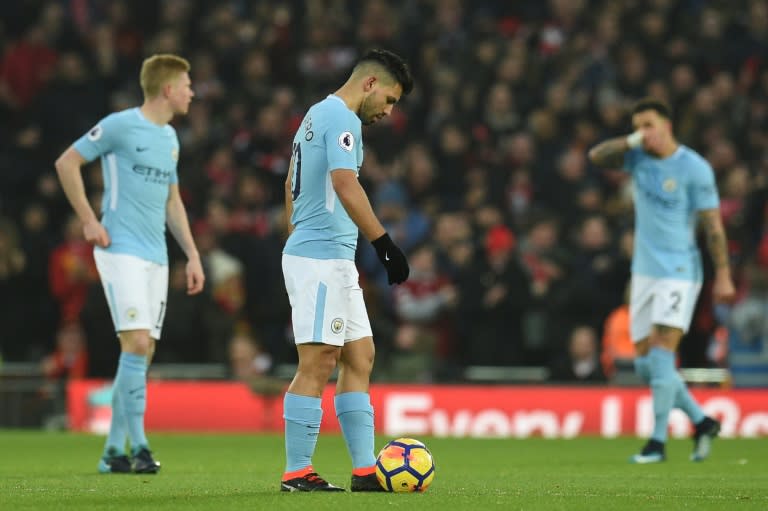 Manchester City's striker Sergio Aguero reacts during the English Premier League football match against Liverpool at Anfield in Liverpool, north west England on January 14, 2018