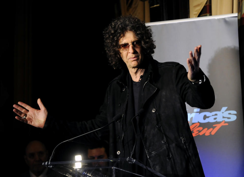 SiriusXM satellite radio talk show host Howard Stern speaks to the media about his new role as a judge on "America's Got Talent" at the Friars Club on Thursday, May 10, 2012 in New York. (AP Photo/Evan Agostini)