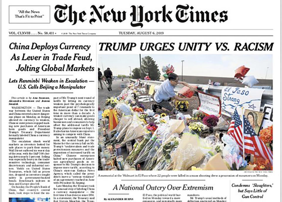 This image shows a tweeted version of The New York Times front page for Tuesday, Aug. 6, 2019, with a headline that reads: "“TRUMP URGES UNITY VS. RACISM." The headline, in the paper's first edition, caused an outcry that triggered a new debate over how such tragedies should be covered. (The New York Times via AP)
