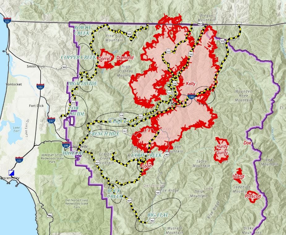 Map of burn areas in the Smith River Complex of fires on Thursday, Aug. 24. Fires scorched 52,563 acres in Six Rivers National Forest.