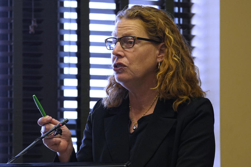 Nashville Law Department Associate Director attorney Lora Barkenbus Fox argues against the immediate release of documents and journals of the Covenant School shooter to be released to the public during a hearing in Chancery Court, Tuesday, April 16, 2024, in Nashville, Tenn. (AP Photo/George Walker IV)