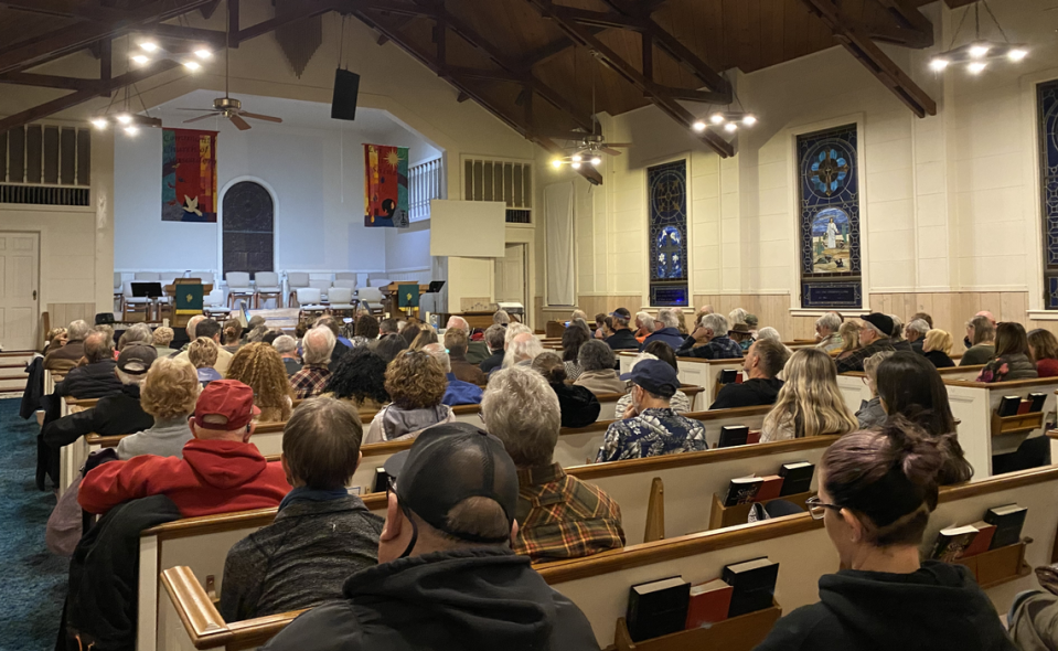 Residents gather to hear from Heather Moreno and Susan Funk, candidates for the District 5 seat on the Board of Supervisors, debate policy at the Atascadero Community Church on Monday, Feb. 5, 2023.