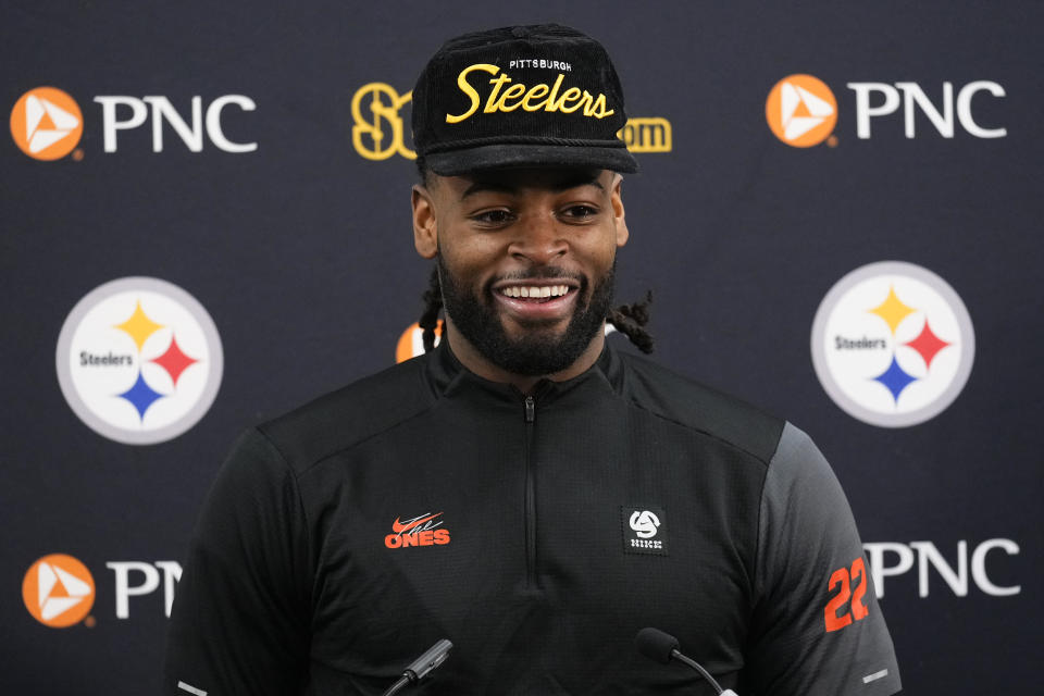 Pittsburgh Steelers running back Najee Harris speaks to reporters following an NFL football game against the Baltimore Ravens, Saturday, Jan. 6, 2024 in Baltimore. The Steelers won 17-10. (AP Photo/Matt Rourke)