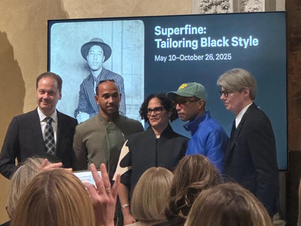 Max Hollein (far left), Lewis Hamilton (left), Monica Miller (middle), Pharrell Williams (right), and Andrew Bolton (far right) at the October 9 Costume Institute press conference (Kaleigh Werner)