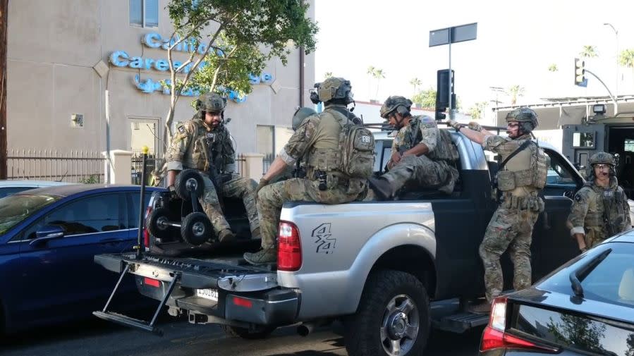 Truckloads of SWAT Team members surrounded a Canoga Park neighborhood on May 7, 2024. (TNLA)