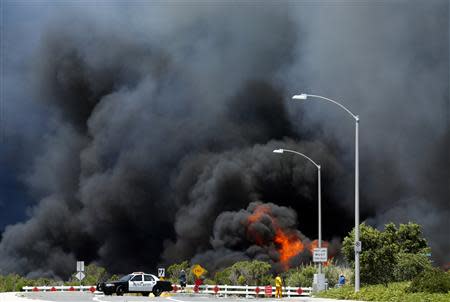 A wildfire burns through a canyon in Carlsbad, California May 14, 2014. REUTERS/Mike Blake