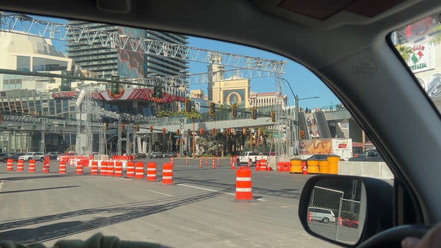 <em>The Harmon and Las Vegas Boulevard intersection – once turns 14, 15, and 16 of the circuit</em> – <em>still sees towering structures and concrete barriers a week after the race. </em>(KLAS)