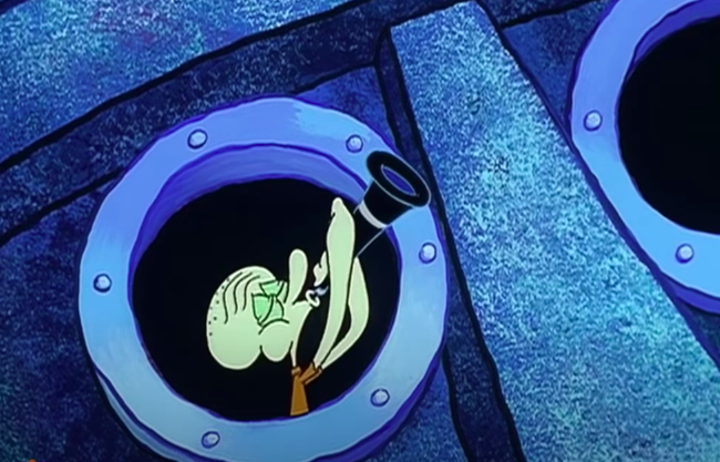 Squidward from "SpongeBob SquarePants" playing the clarinet outside his window