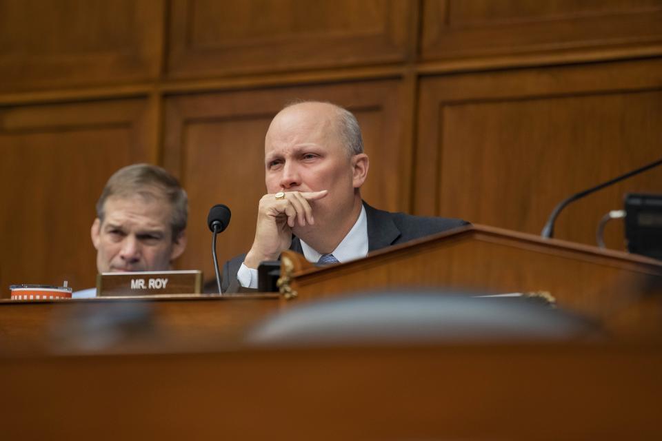 WASHINGTON, DC - MAY 15: U.S. Rep. Chip Roy (R-TX) listens during a House Civil Rights and Civil Liberties Subcommittee hearing on confronting white supremacy at the U.S. Capitol on May 15, 2019 in Washington, DC.
