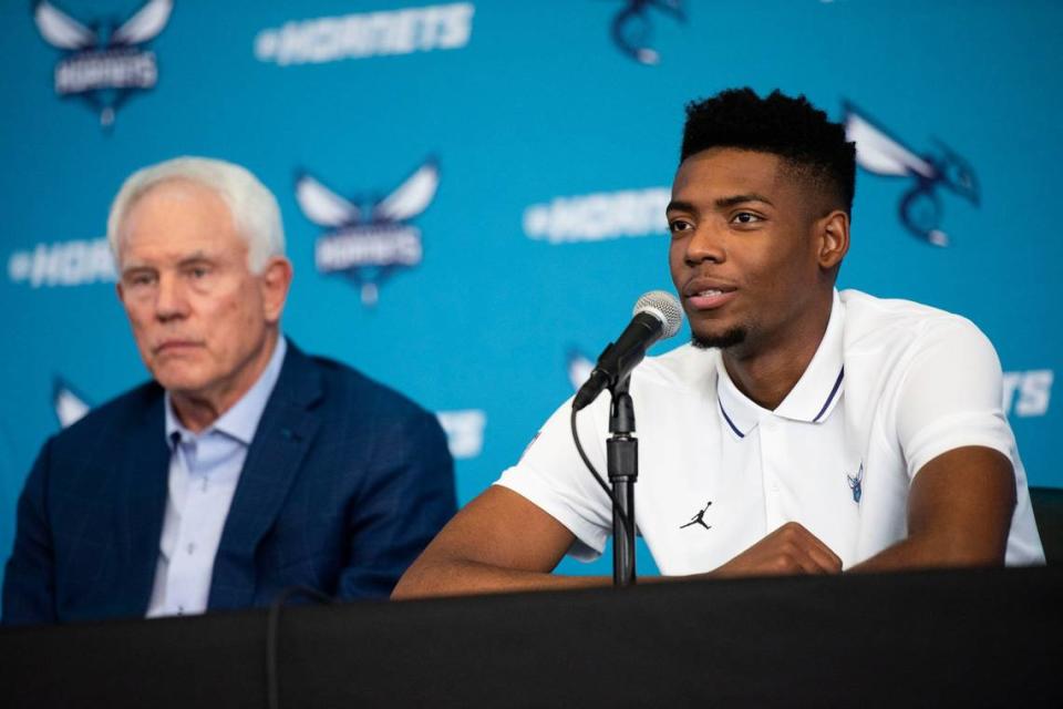 Newly drafted to the Charlotte Hornets, Brandon Miller, answers questions during a press conference at Spectrum Center on Friday, June 23, 2023.