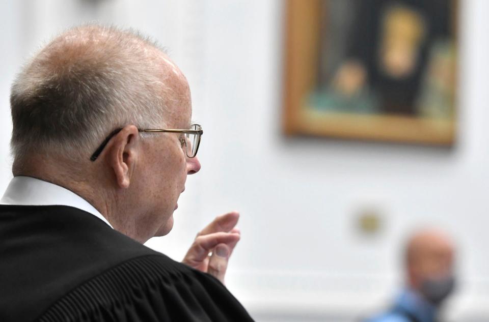 Kenosha County Circuit Court Judge Bruce E. Schroeder speaks during Kyle Rittenhouse's pretrial hearing Friday, May 21, 2021 at the Kenosha County Courthouse in Kenosha, Wisconsin.