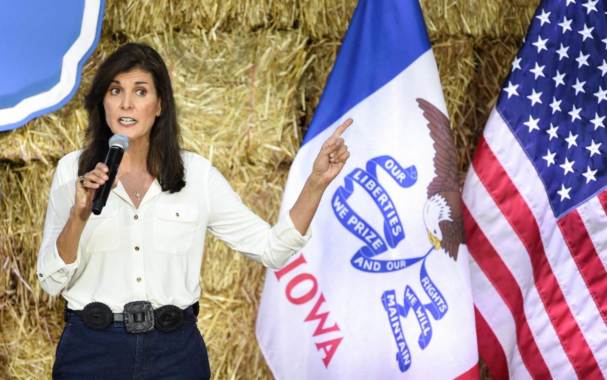 Republican presidential candidate Nikki Haley speaks at an event in Des Moines, Iowa - DAVE KAUP/Reuters