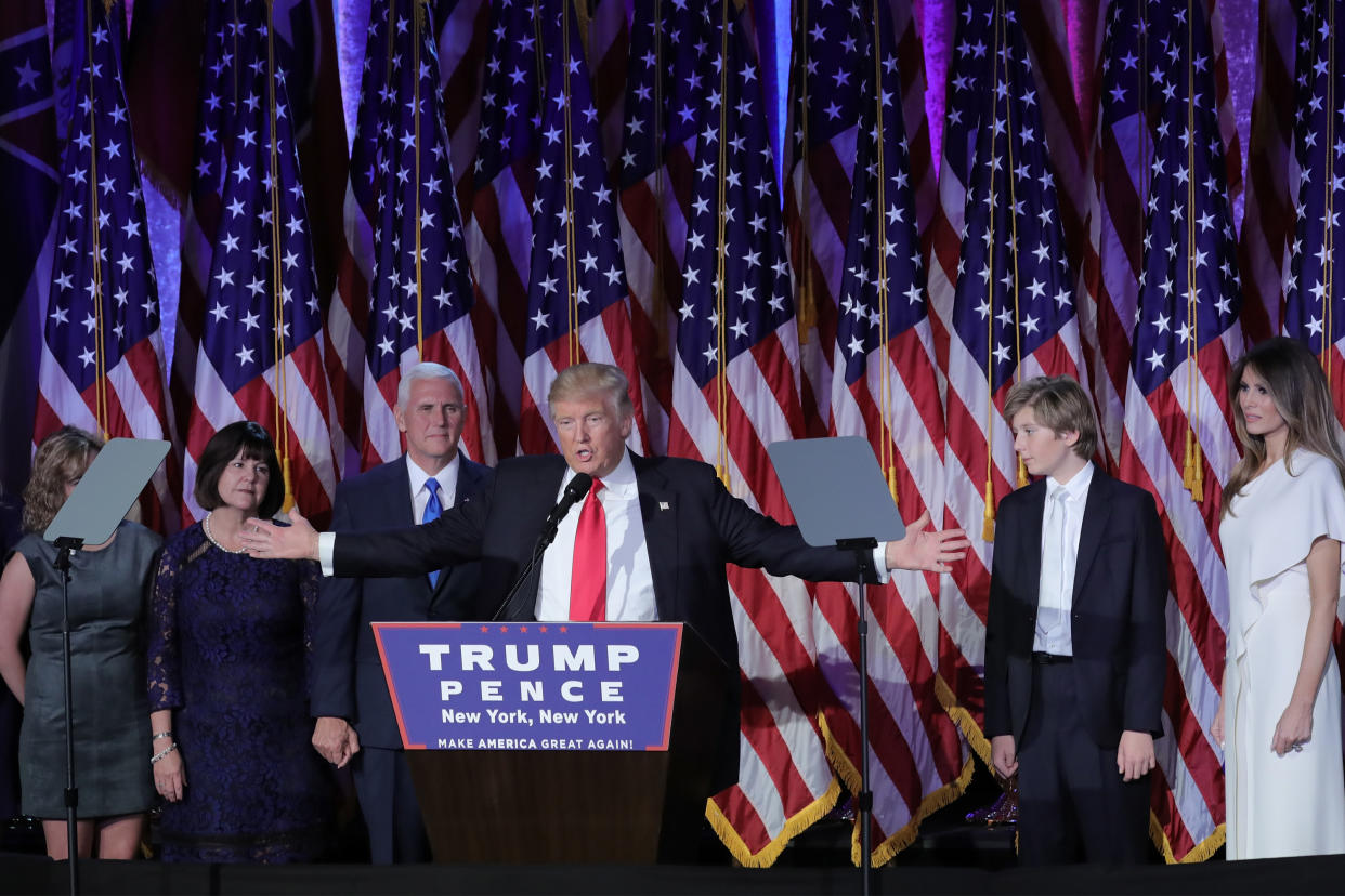 NEW YORK, NY - NOVEMBER 08:  Presidential election winner Donald J. Trump speaks on stage at his election night event at The New York Hilton Midtown on November 8, 2016 in New York City.  (Photo by Neilson Barnard/WireImage)