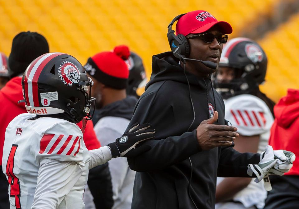 Aliquippa head coach Mike Warfield on the sidelines against Belle Vernon in the WPIAL 4A Championship Saturday at Heinz Field.[Lucy Schaly/For BCT]