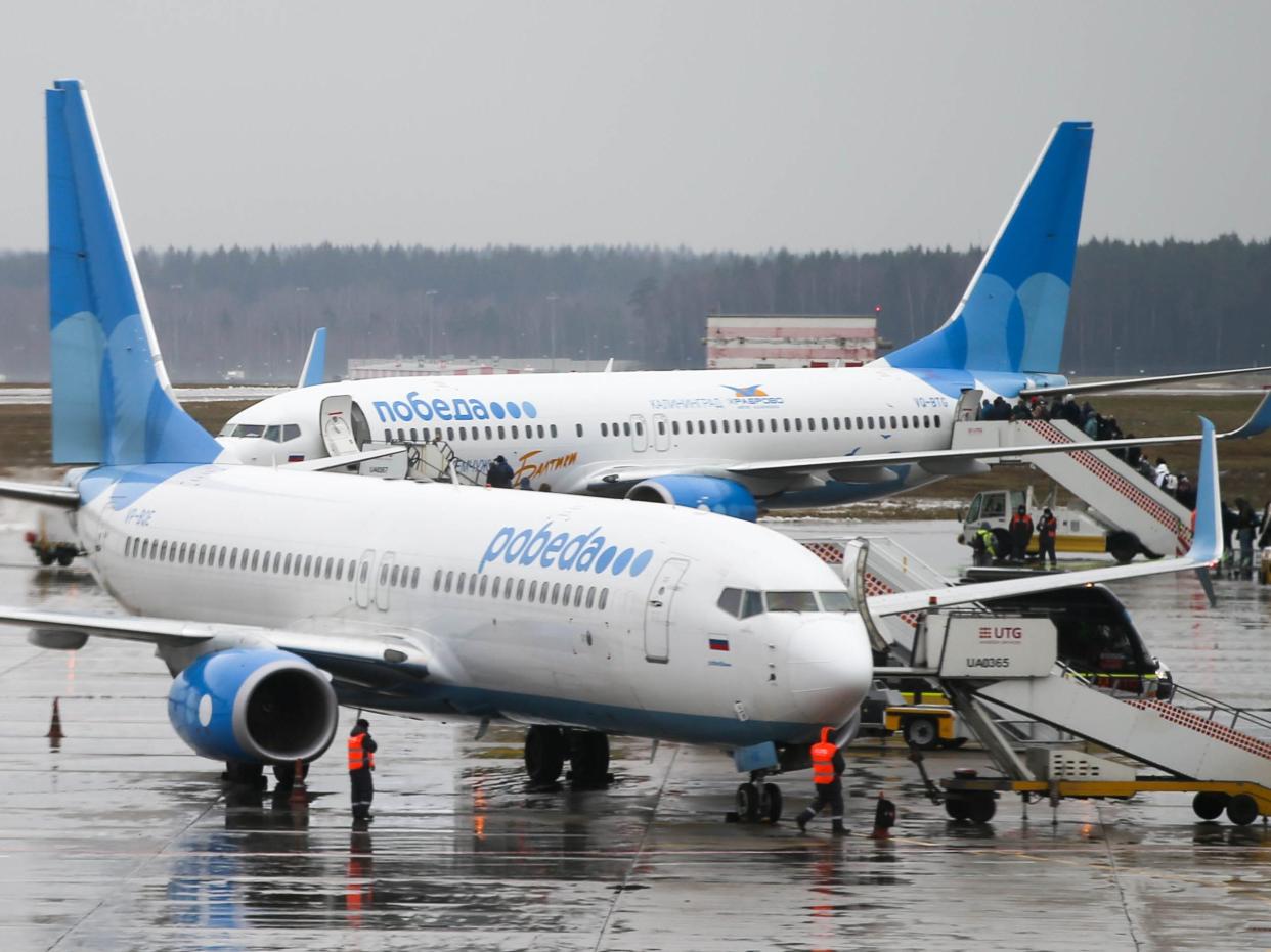 Pobeda's Boeing 737 airliners spotted at Vnukovo International Airport.