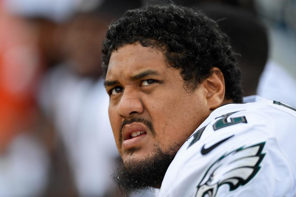 Aug 15, 2019; Jacksonville, FL, USA; Philadelphia Eagles offensive tackle Halapoulivaati Vaitai (72) looks on during the first quarter against the Jacksonville Jaguars at TIAA Bank Field. Mandatory Credit: Douglas DeFelice-USA TODAY Sports