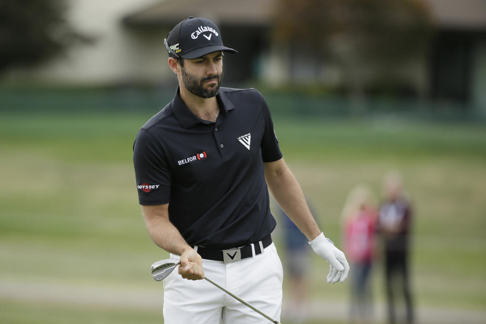 Adam Hadwin, of Canada, follows his hit onto the first green of the Silverado Resort North Course during the final round of the Safeway Open PGA golf tournament Sunday, Sept. 29, 2019, in Napa, Calif. (AP Photo/Eric Risberg)