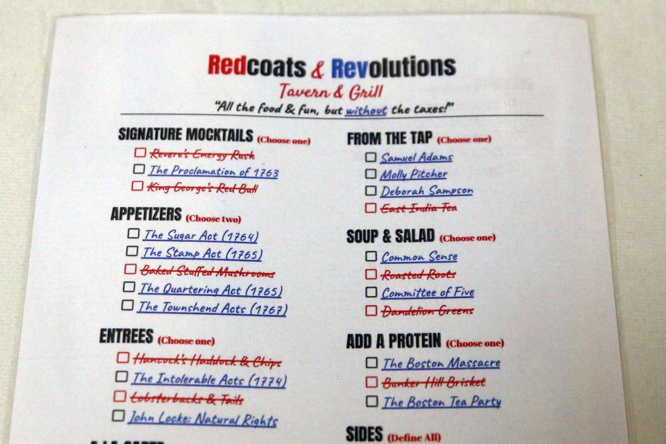 Middle School of the Kennebunks social studies classes create a menu for their Redcoats & Revolutions Tavern & Grill.