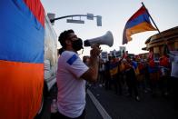 Armenian Youth Federation protest against what they call Azerbaijan's aggression against Armenia and the breakaway Nagorno-Karabakh region outside the Azerbaijani Consulate General in Los Angeles