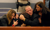 <p>O.J. Simpson, supporters Sabrina Scotto, sister, Carmelita Durio, Tom Scotto, and Sandra Scotto react as he Simpson is found guilty on all 12 charges, including felony kidnapping, armed robbery and conspiracy at the Clark County Regional Justice Center in Las Vegas, Nev., on Friday, Oct. 3, 2008. The verdict comes thirteen years to the day after he was acquitted of double murder charges. (Photo: Daniel Gluskoter, Pool/AP) </p>