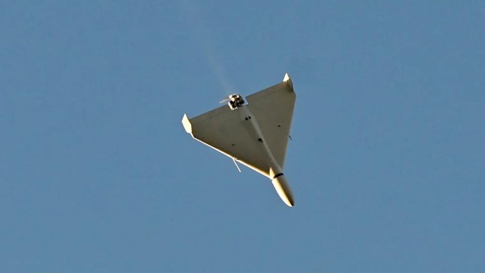 A view of the underside of a Russian-operated Shahed-136 clearly shows the pusher propeller at the rear. <em>Photo by SERGEI SUPINSKY/AFP via Getty Images</em>