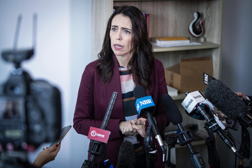 New Zealand Prime Minister Jacinda Ardern speaks to media at her electorate office in Aukland, Wednesday, April 24, 2019. Ardern said that she and French President Emmanuel Macron will host a meeting in Paris next month seeking to eliminate acts of violent extremism and terrorism from being shown online. (Jason Oxenham/New Zealand Herald via AP)