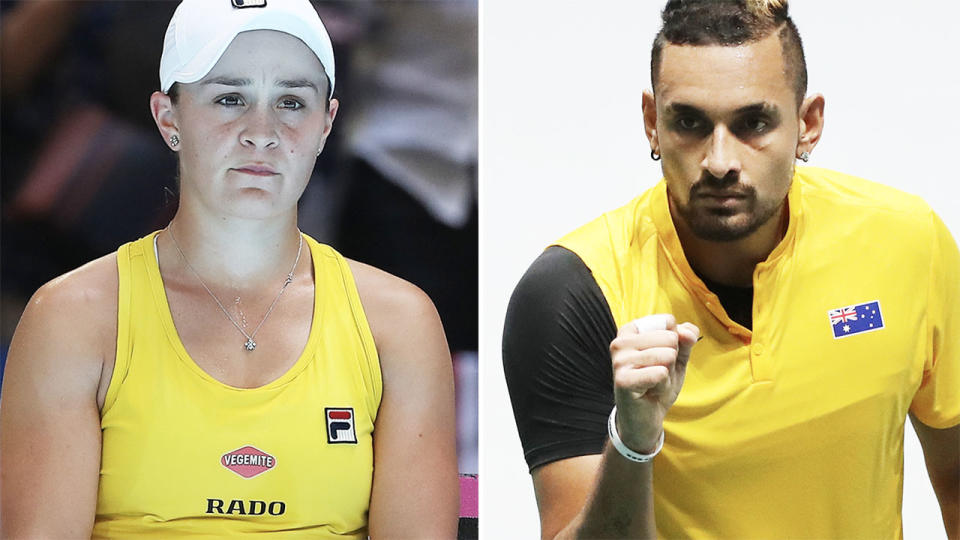 Ash Barty and Nick Kyrgios, pictured here in action for Australia.