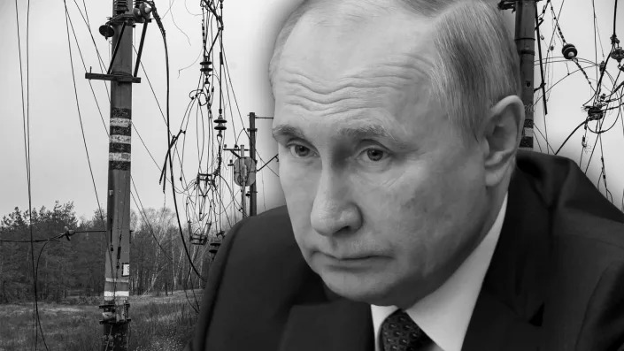 Russian President Vladimir Putin and damaged power lines in Ukraine. (Photo illustration: Yahoo News; photos: Mikhail Metzel, Sputnik, Kremlin Pool Photo via AP, Metin Aktas/Anadolu Agency via Getty Images)