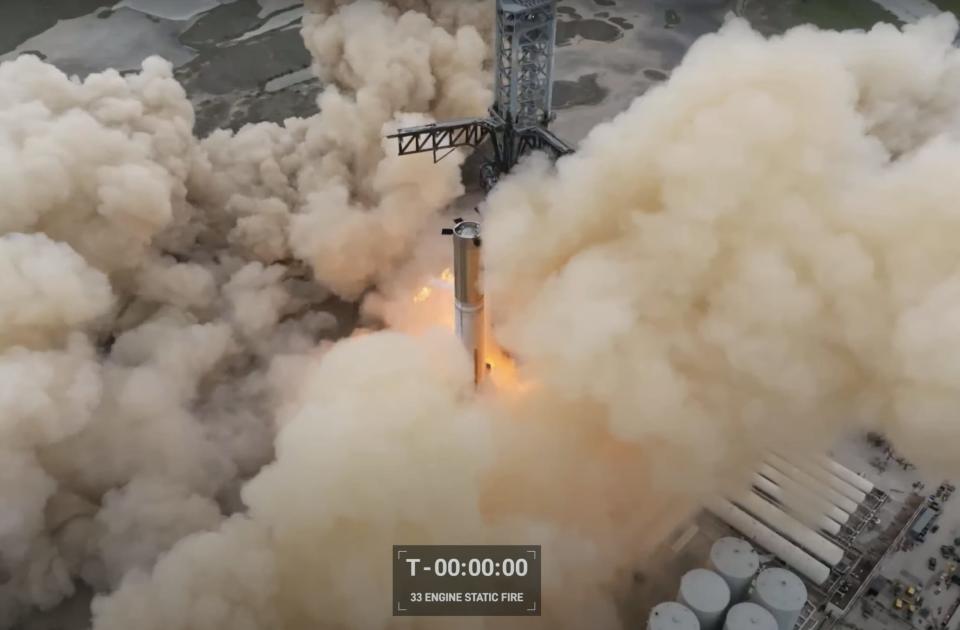 SpaceX's Super Heavy booster on the launchpad at the Starbase facility.