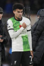 Liverpool's Luis Diaz gestures as he celebrates at the end of the English Premier League soccer match between Luton Town and Liverpool, at Kenilworth Road, in Luton, England, Sunday, Nov. 5, 2023. (Alastair Grant)