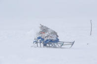 A sledge covered with reindeer skin stands at a reindeer camping ground owned by the agricultural cooperative organisation "Erv", about 250 km north of Naryan-Mar, in Nenets Autonomous District, Russia, March 8, 2018. REUTERS/Sergei Karpukhin