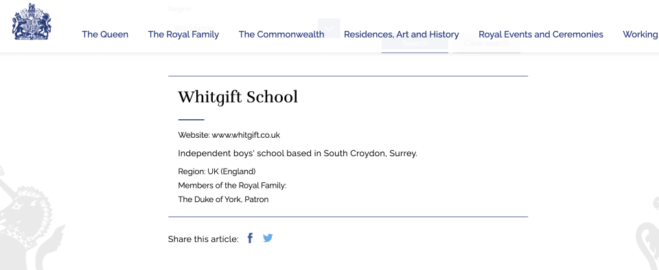 The Whitgift School cut its ties with the duke. (Royal.uk)