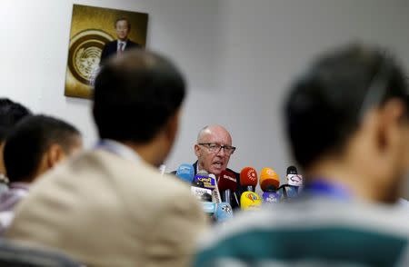 U.N. Humanitarian Coordinator Jamie McGoldrick addresses a news conference in Sanaa, Yemen August 30, 2016. REUTERS/Khaled Abdullah