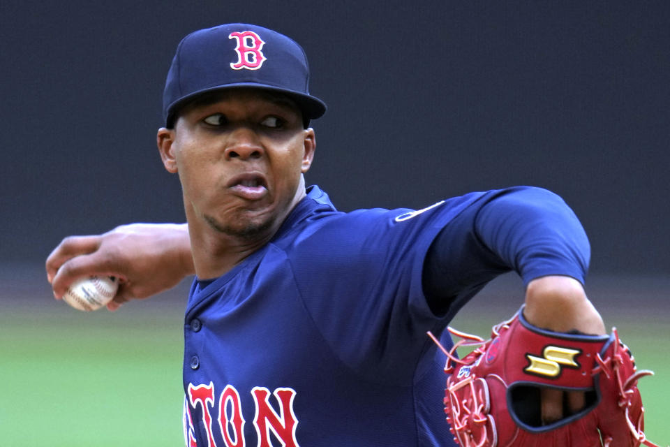 Boston Red Sox pitcher Brayan Bello delivers during the first inning of the team's baseball game against the Pittsburgh Pirates in Pittsburgh, Friday, April 19, 2024. (AP Photo/Gene J. Puskar)