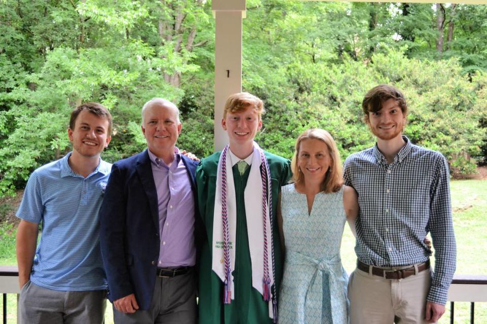 The Reiney family - husband, wife and three sons - posed for this photo in 2021. From left: Charlie, Chuck, Nate, Megan and Cooper Reiney. Chuck Reiney died in 2023, at age 53. A charity tennis tournament called “Ace the Stigma” will be played May 3-5, 2024, at Olde Providence Racquet Club, where Reiney once served as president. The tournament aims to celebrate Reiney’s life, as well as to get people talking more openly about mental health issues and to raise money for several Charlotte charities.
