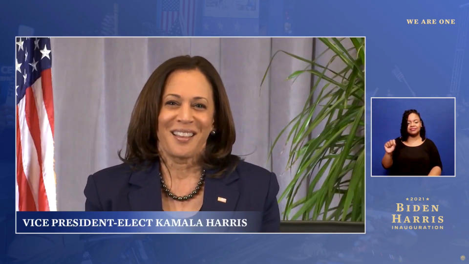 UNSPECIFIED - JANUARY 19: In this screengrab, Vice Presient-Elect Kamala Harris speaks during the "We Are One" celebration hosted by the Biden Inaugural Committee on January 19, 2021.The virtual event celebrates the Black community and African Diaspora on the eve of President-elect Joe Biden's inauguration.  (Photo by Handout/Biden Inaugural Committee via Getty Images) (Photo by Handout/Getty Images)