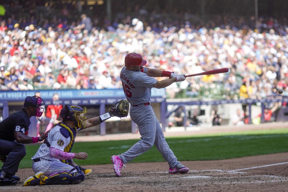 St. Louis Cardinals' Paul Goldschmidt hits an RBI single during the sixth inning of a baseball game against the Milwaukee Brewers Sunday, May 12, 2024, in Milwaukee. (AP Photo/Morry Gash)