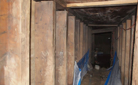 A 33-foot-long tunnel supported using lumber found in Toronto, Ontario is pictured in this handout photo provided by Toronto Police, February 24, 2015. Police in Toronto have discovered a tunnel with electricity supplied by a generator near one of the venues for this summer's Pan American Games, a spokesman said on Monday. REUTERS/Toronto Police/Handout