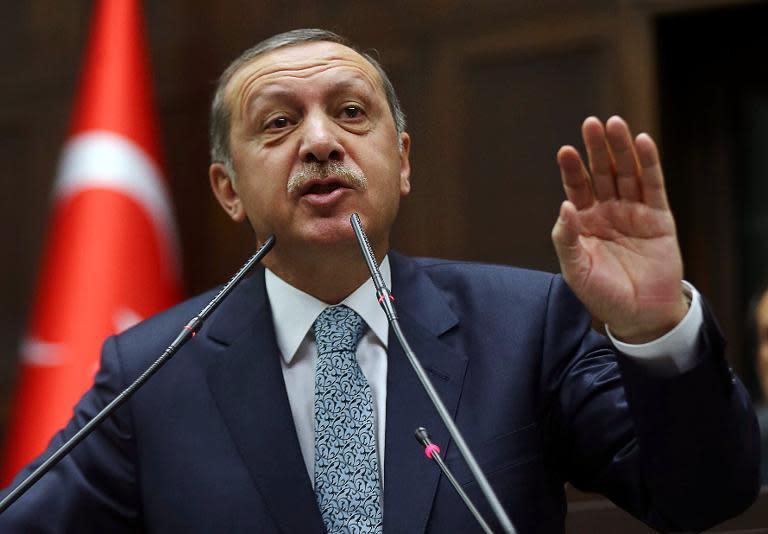 Turkey's Prime Minister Recep Tayyip Erdogan addresses members of his ruling AK Party (AKP) during a session at the parliament in Ankara on February 25, 2014