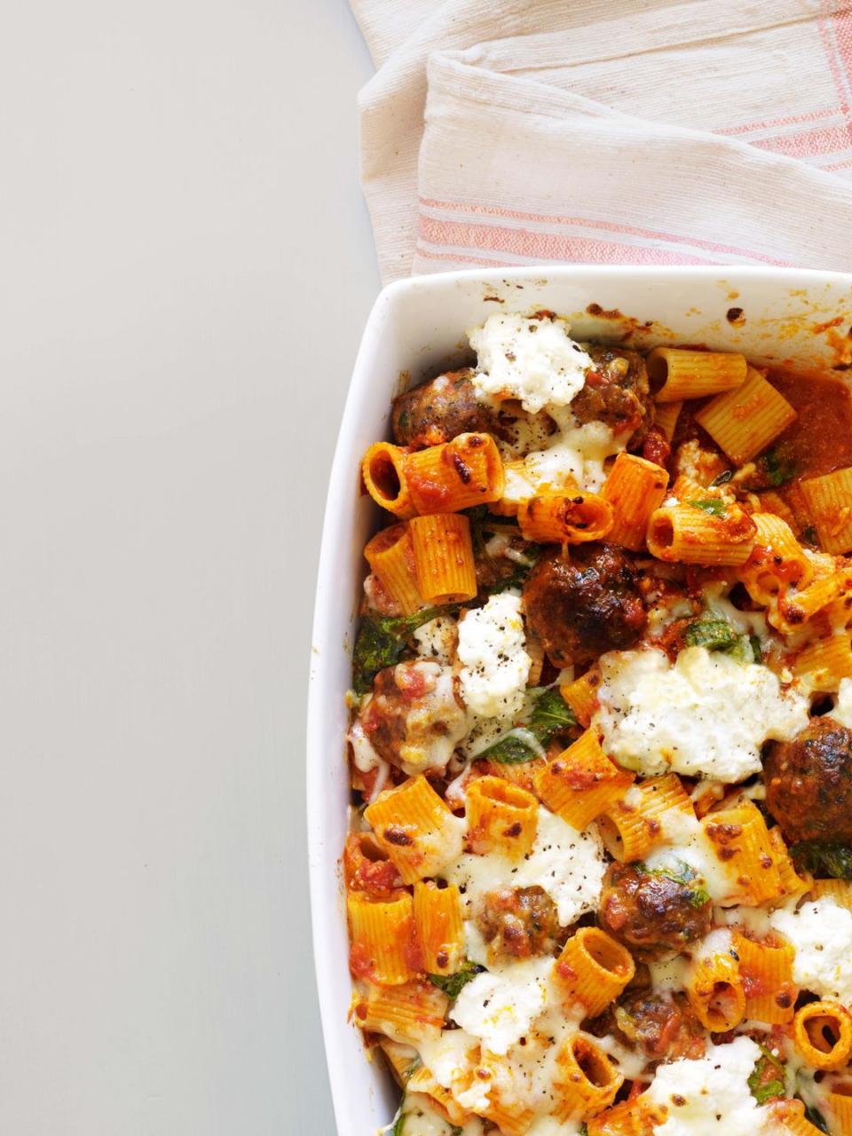 Baked Pasta with Meatballs and Spinach