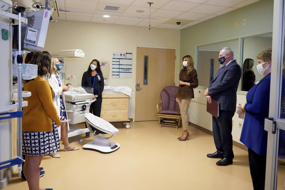 First lady Melania Trump tours a simulation center at Concord Hospital, Thursday, Sept. 17, 2020, in Concord, N.H. (AP Photo/Mary Schwalm)