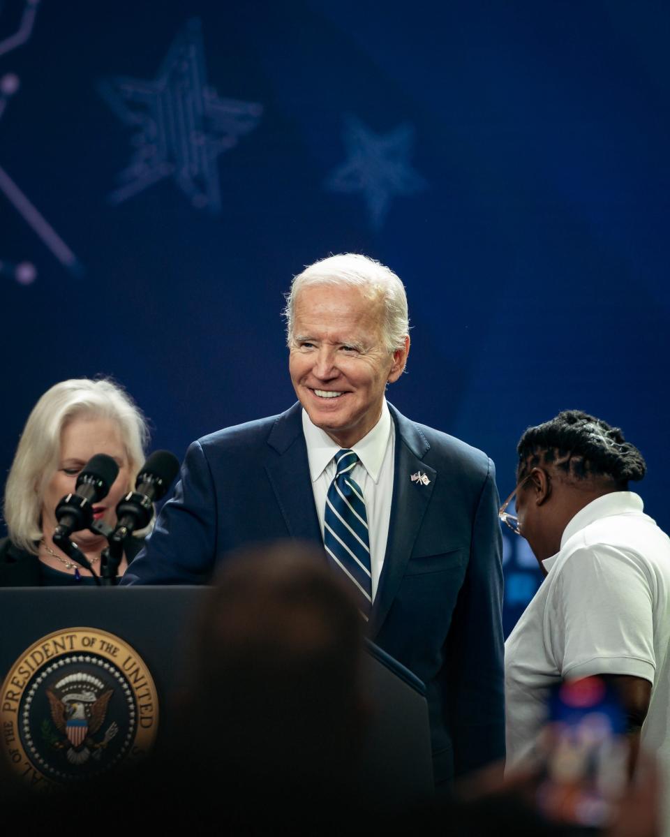 President Joe Biden takes the stage at Onondaga Community College in Syracuse, N.Y., on Thursday, Oct. 27, 2022. He was there to tout Micron Technology's commitment to invest $100 billion in a Syracuse area semiconductor facility.