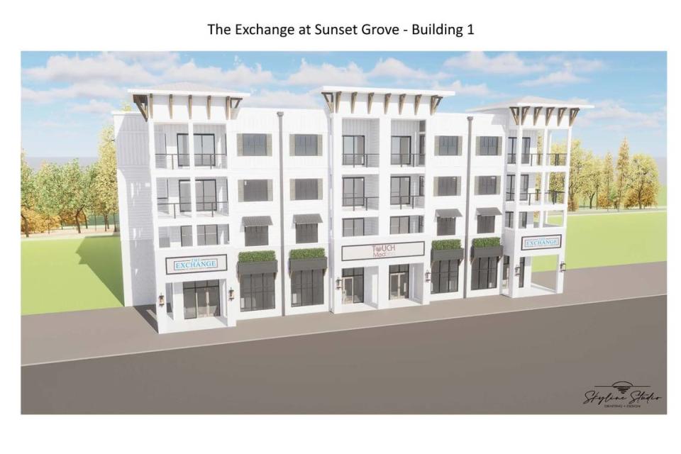 A rendering of one of the Exchange at Sunset Grove buildings. Building on the project is expected to begin in late January or early February 2024.