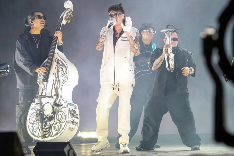 Peso Pluma performs on the Coachella Stage during the Coachella Music and Arts Festival in Indio, California, on Friday, April 12, 2024.