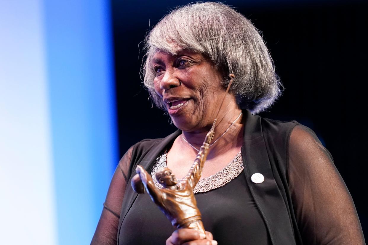 Renee Powell speaks after receiving the Charlie Sifford Award at the World Golf Hall of Fame ceremony Wednesday, March 9, 2022, in Ponte Vedra Beach, Fla. (AP Photo/Gerald Herbert)