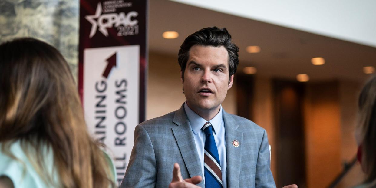 ORLANDO, FL - FEBRUARY 27: Rep. Matt Gaetz, R-Fla., speaks with fans during the Conservative Political Action Conference CPAC held at the Hyatt Regency Orlando on Saturday, Feb 27, 2021 in Orlando, FL. (Photo by Jabin Botsford/The Washington Post via Getty Images)