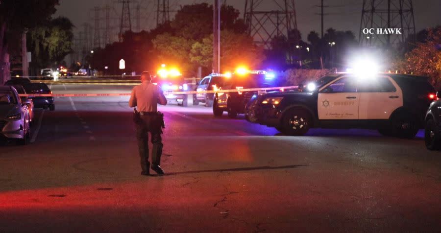 A large law enforcement presence surrounded a Compton home after a shooting left one person dead and four others hospitalized on June 7, 2024. (OC Hawk)