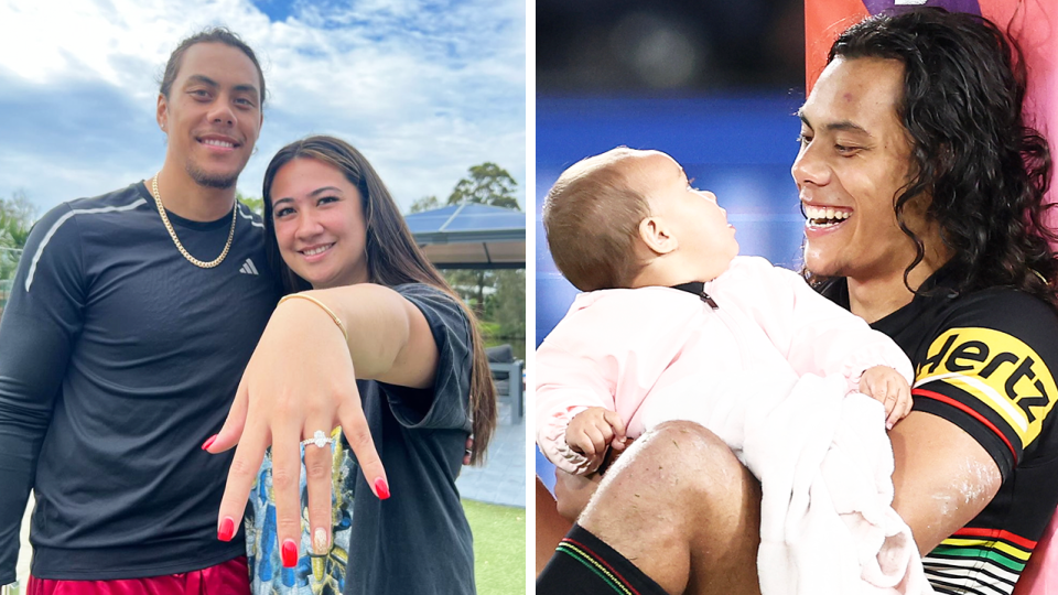 Jarome Luai and his fiancee and Luai with his child.