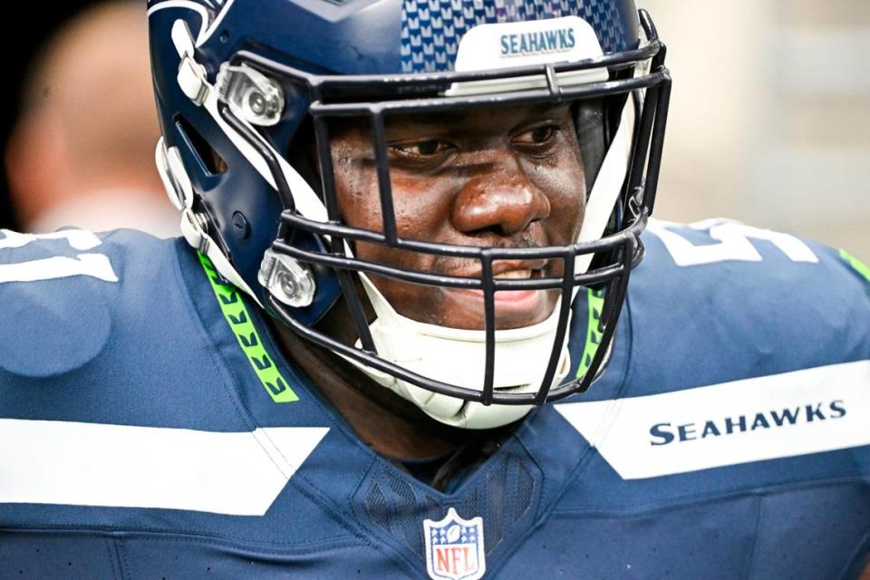  Seattle Seahawks center Olu Oluwatimi (51)of the game at Lumen Field, Sunday, Oct. 22, 2023, in Seattle, Wash. 